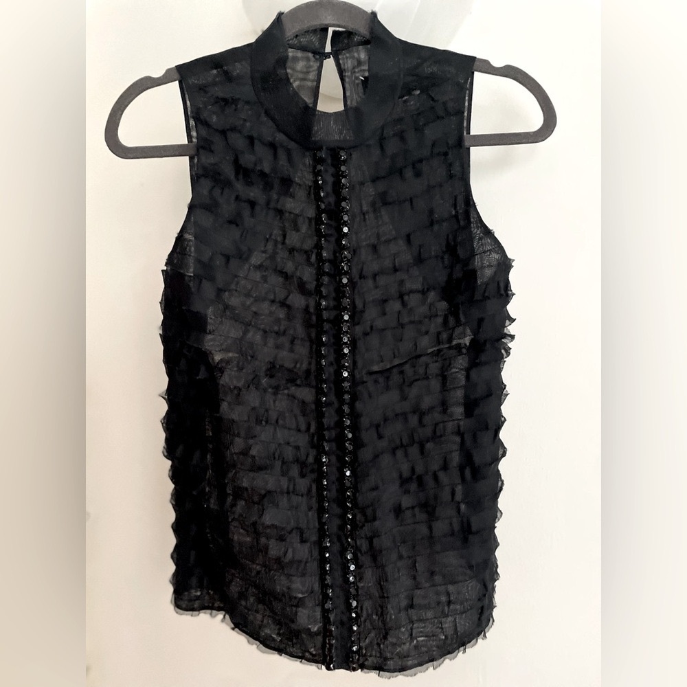 NWOT! Roberto Rodriguez Designer Sleeveless Tank Top Black Silk w/Ruffle Sz 6/M